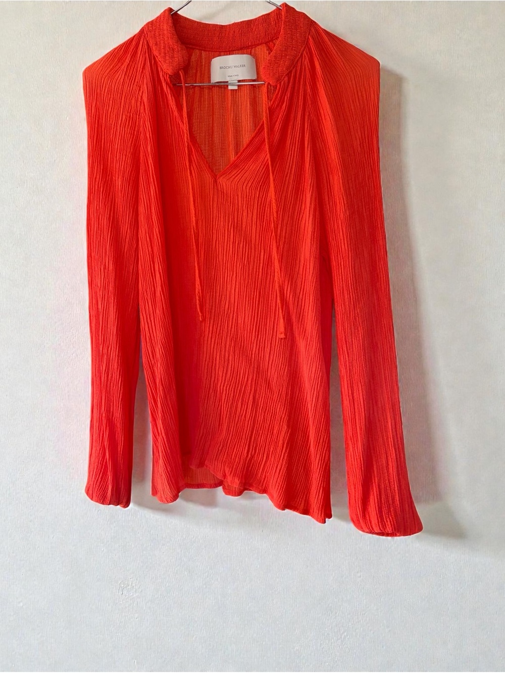 Brochu Walker Vibrant Orange Pleated Long-Sleeve V-Neck Blouse